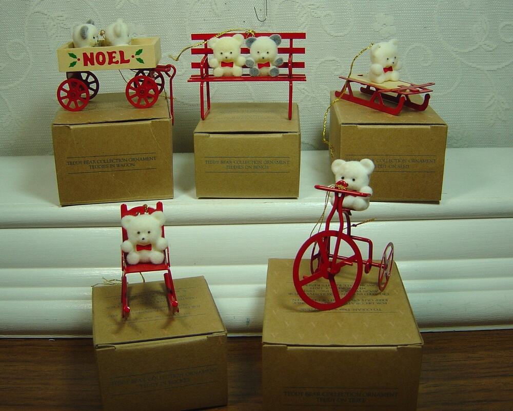 5 VINTAGE AVON ORNAMENTS-TEDDY BEAR COLLECTION-SLED-BENCH-ROCKER-TRIKE & WAGON
